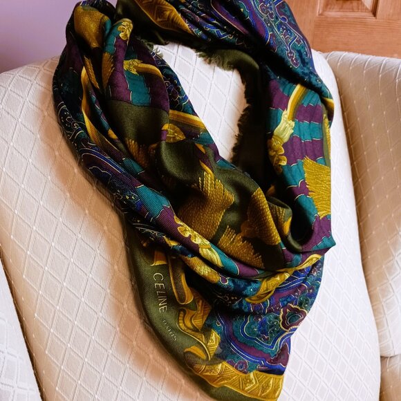 VINTAGE Large CELINE WRAP SHAWL Fall Colours Green golds navy burgandy beige EUC - Picture 2 of 8
